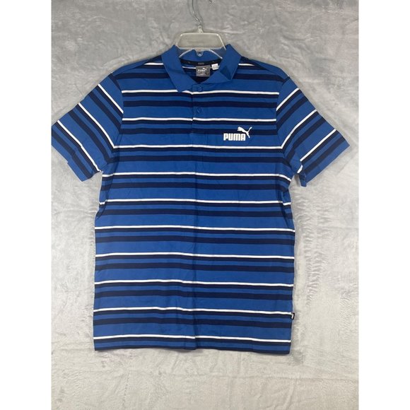 Puma Mens Medium essentials stripes Blue jersey polo NWT - Picture 1 of 16